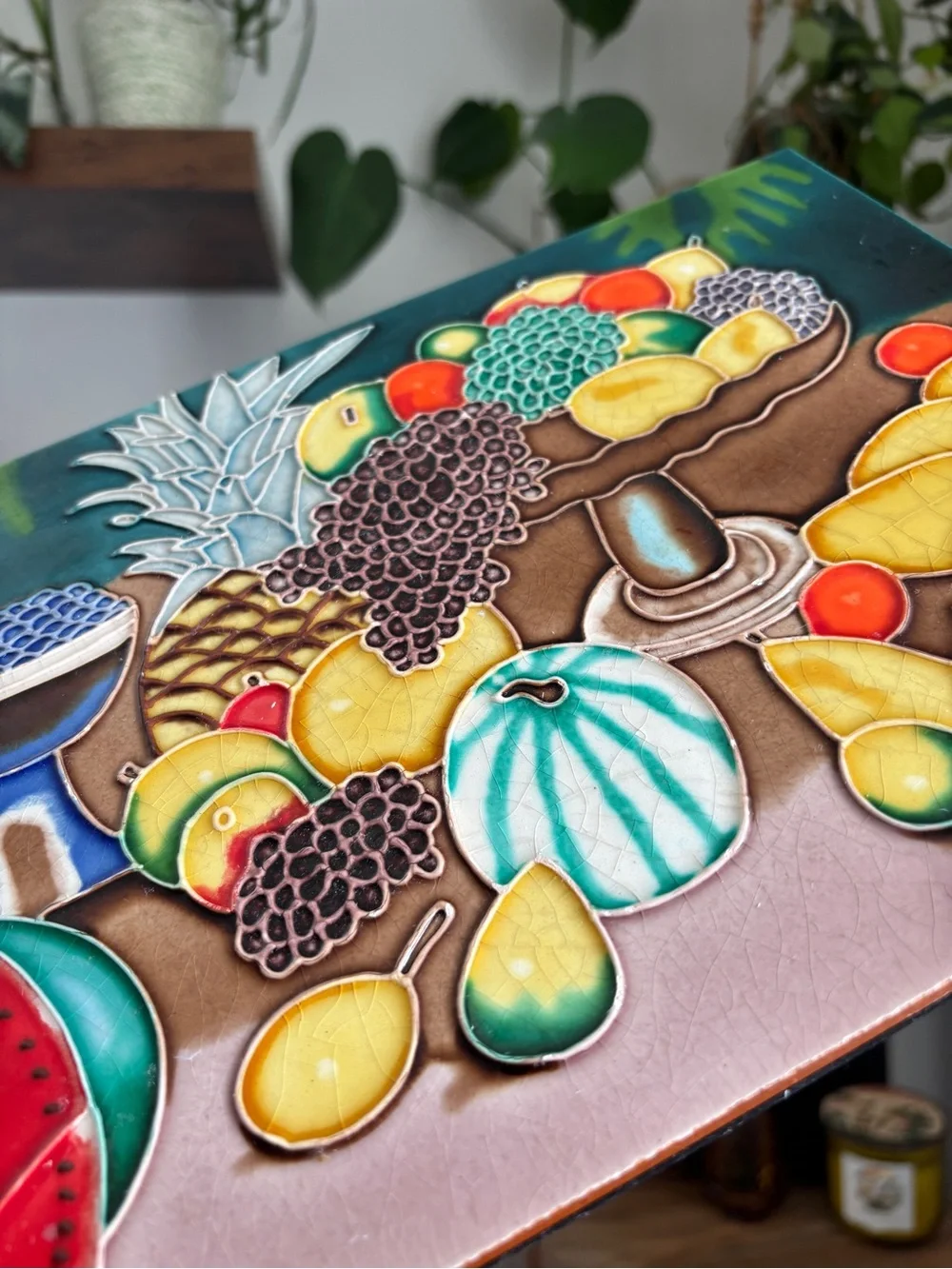 EUC Vintage Hand-Painted Ceramic Tile Tropical Fruit Retro Artwork / Wall Art